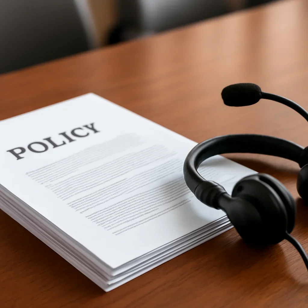 Close view of policy papers, translation headset and a conference desk