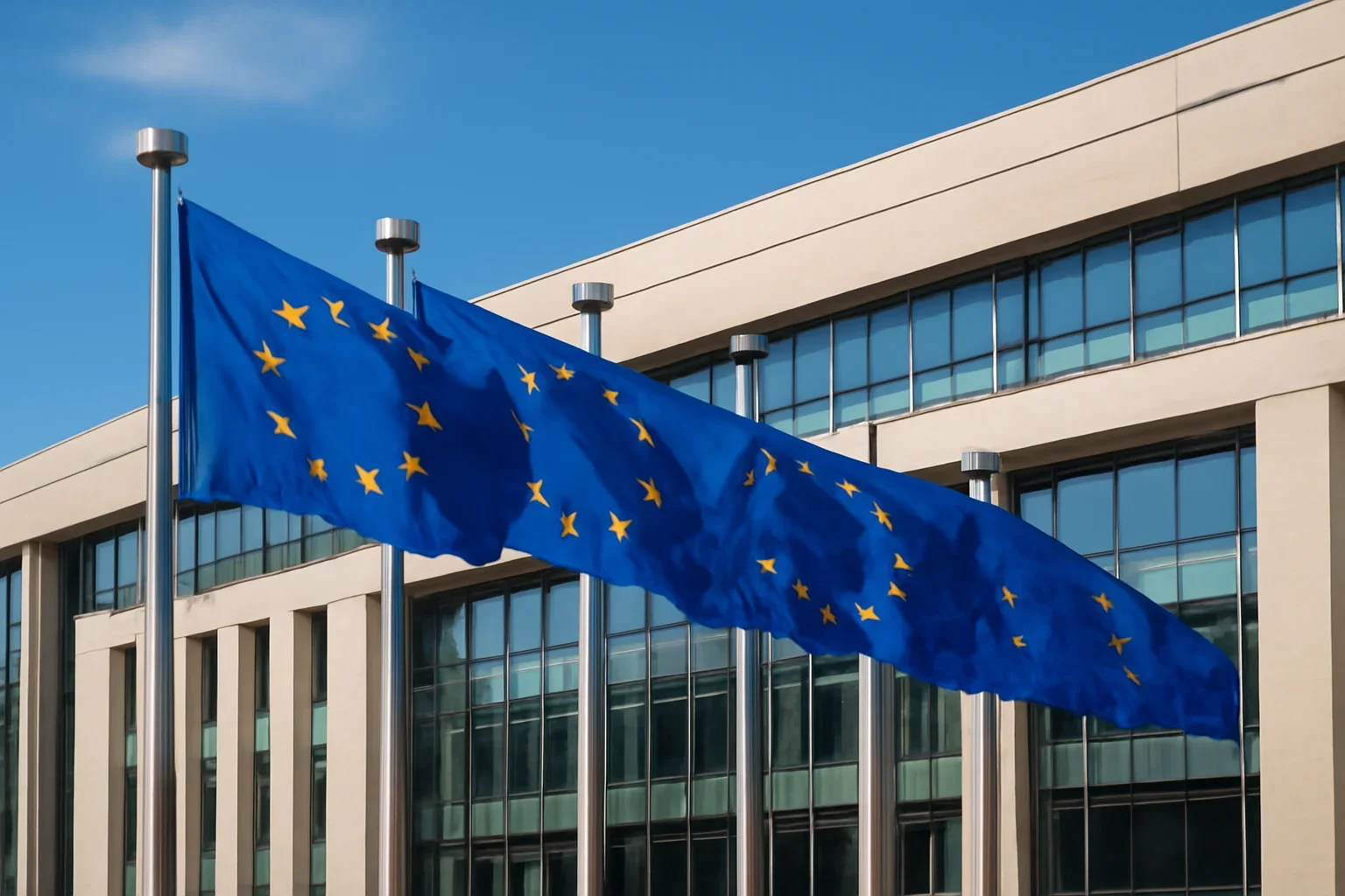 European flags outside a modern institutional building under bright sky