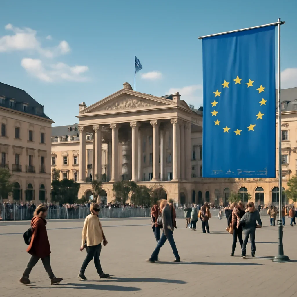 City square scene with civic buildings, pedestrians and EU-themed signage