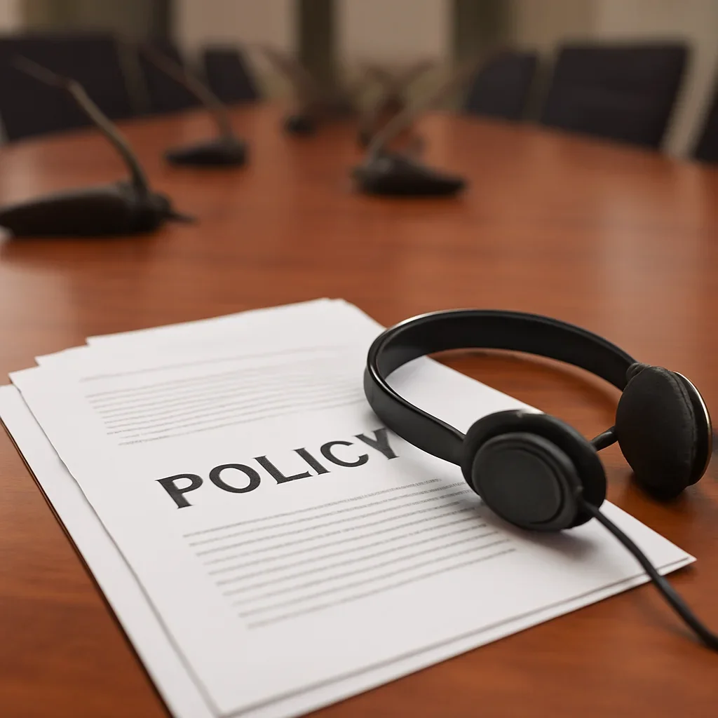Close view of policy papers, translation headset and a conference desk