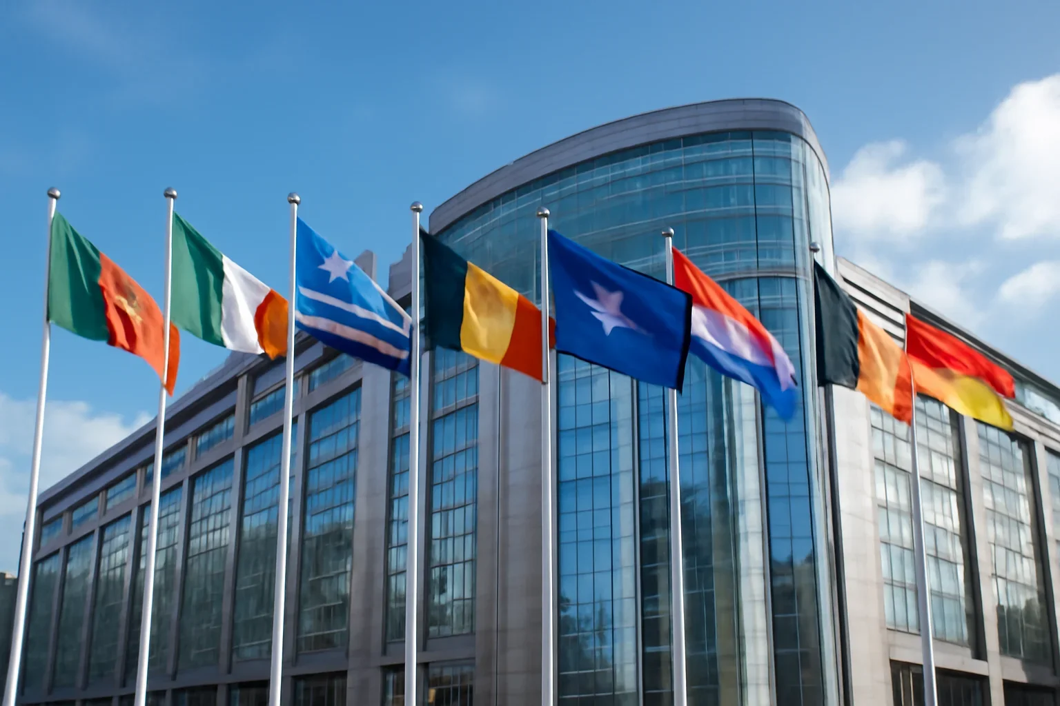 European flags outside a modern institutional building under bright sky