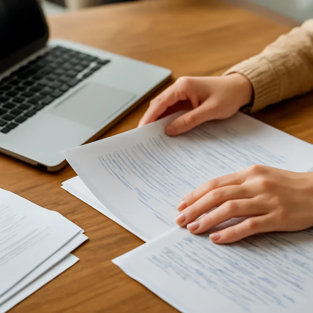 Hands reviewing page proofs and reader notes beside a laptop