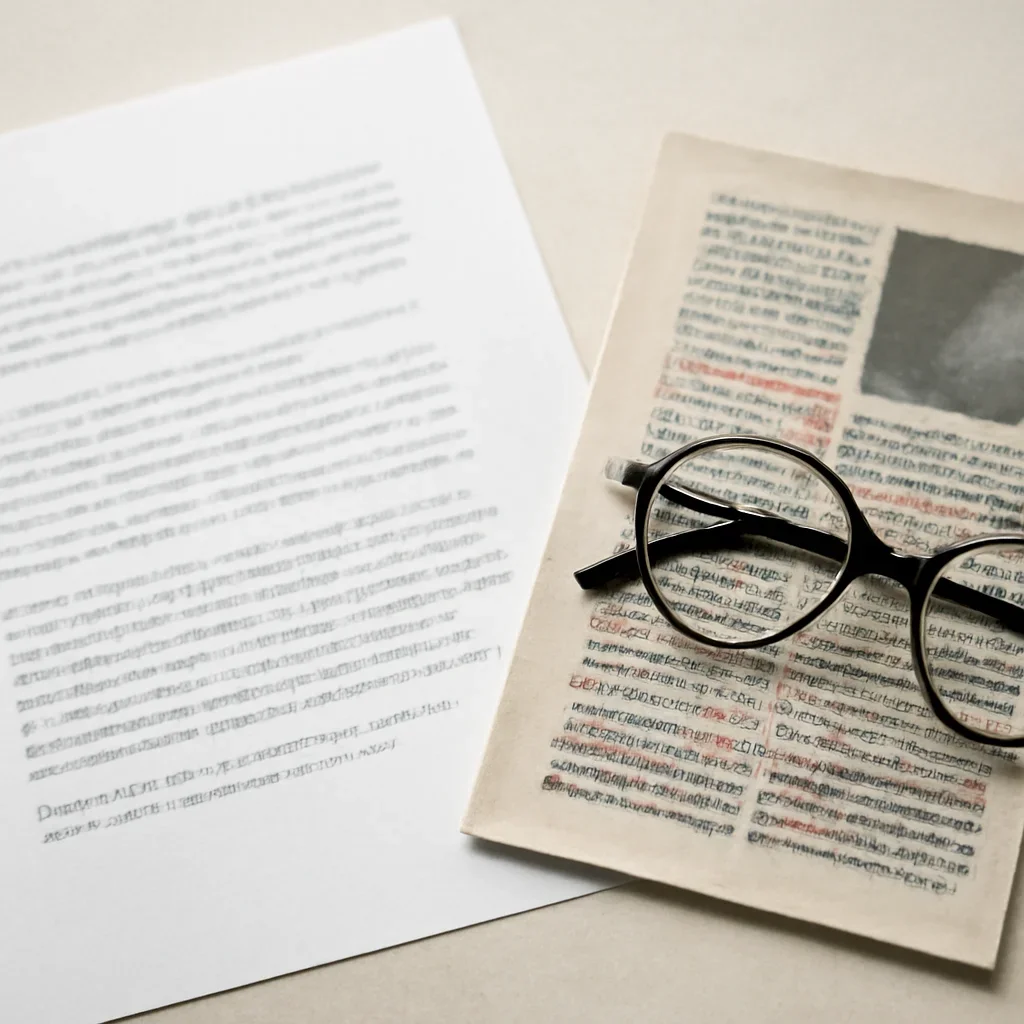 Typed letter beside a marked-up article clipping and reading glasses