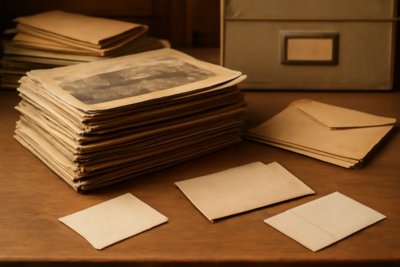 Stack of old magazine issues, envelopes and notes on an archive desk