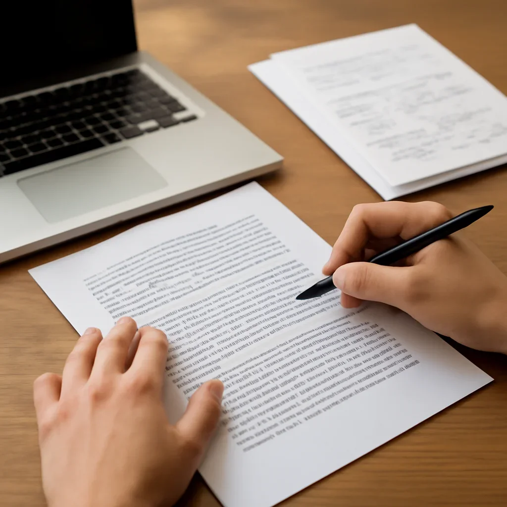 Hands reviewing page proofs and reader notes beside a laptop