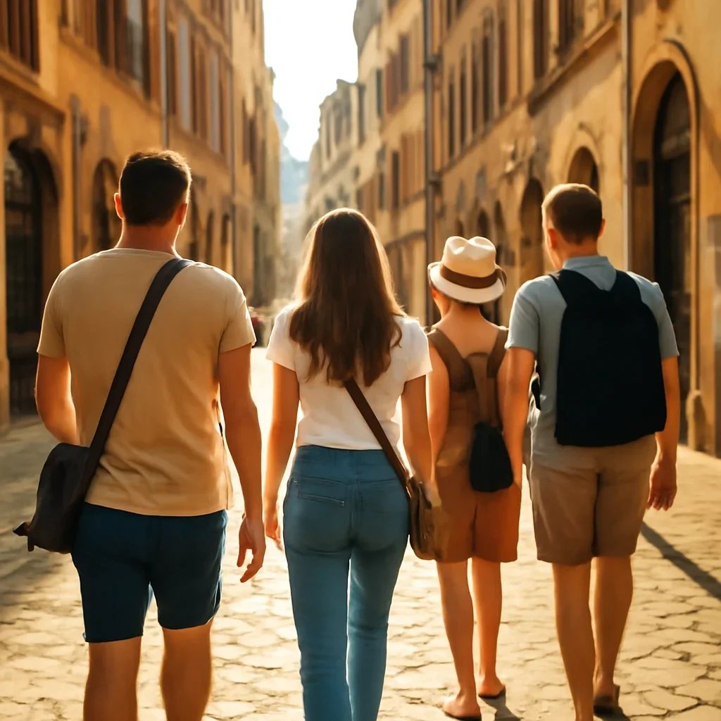Travellers walking through a sunlit European street with small bags