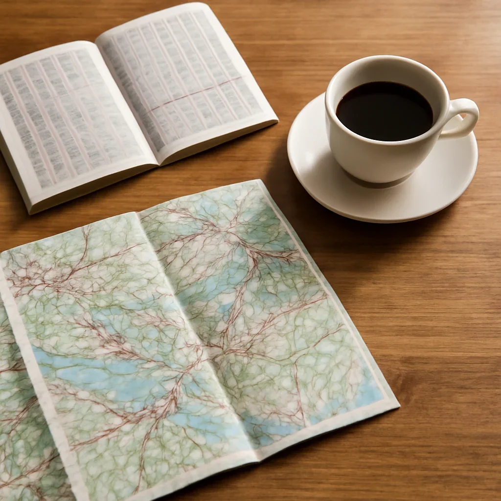 Open map, train timetable and coffee on a wooden table before a trip