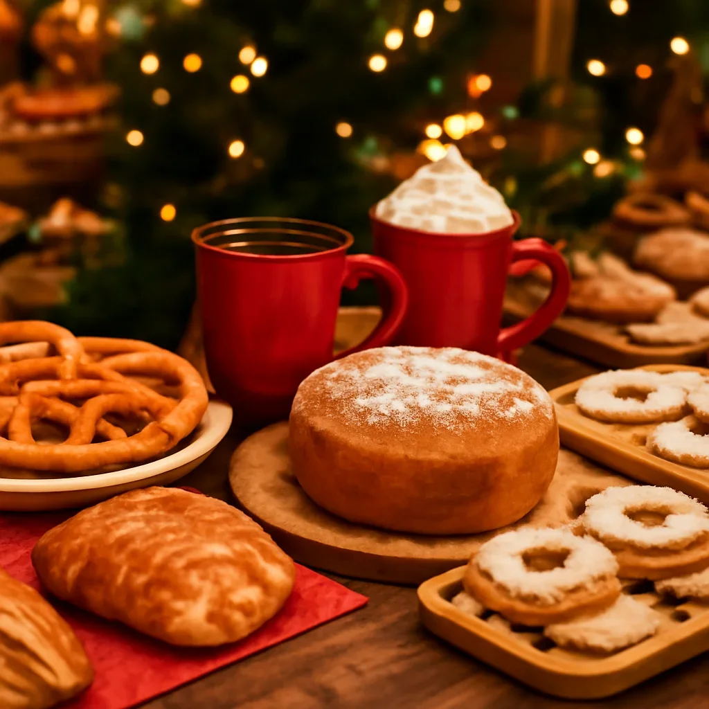 Close view of festive pastries and warm drinks at a Christmas market stall