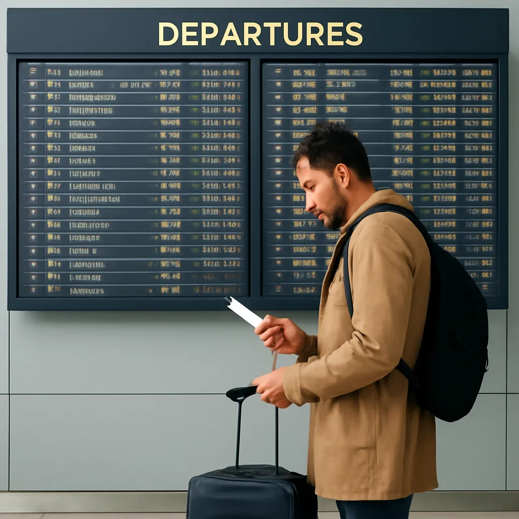 Traveller with carry-on checking entry details beside an airport departures screen