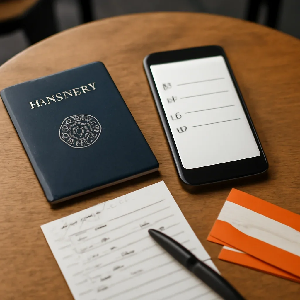 Close view of travel documents, phone checklist and train tickets on a café table