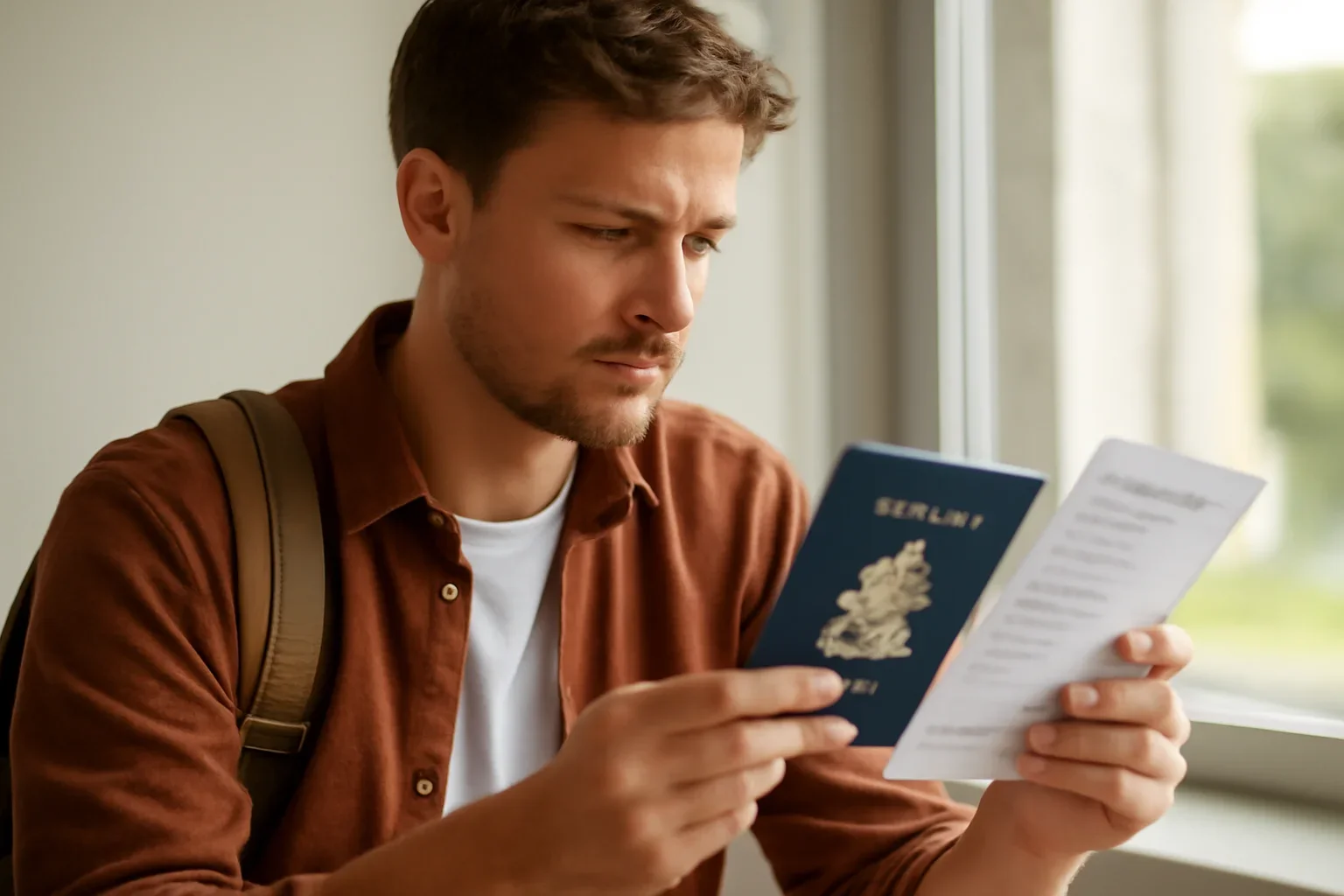 Canadian traveller reviewing passport, boarding pass and Europe itinerary notes