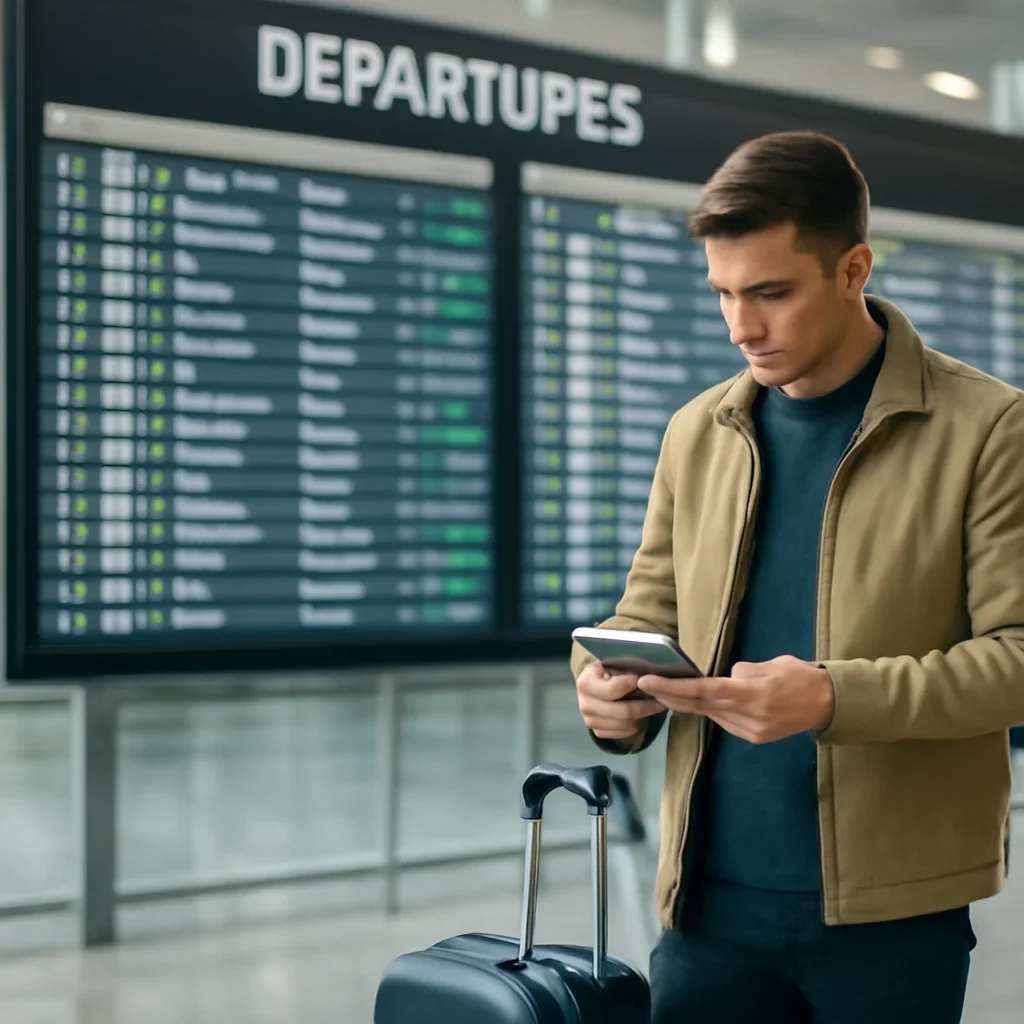 Traveller with carry-on checking entry details beside an airport departures screen