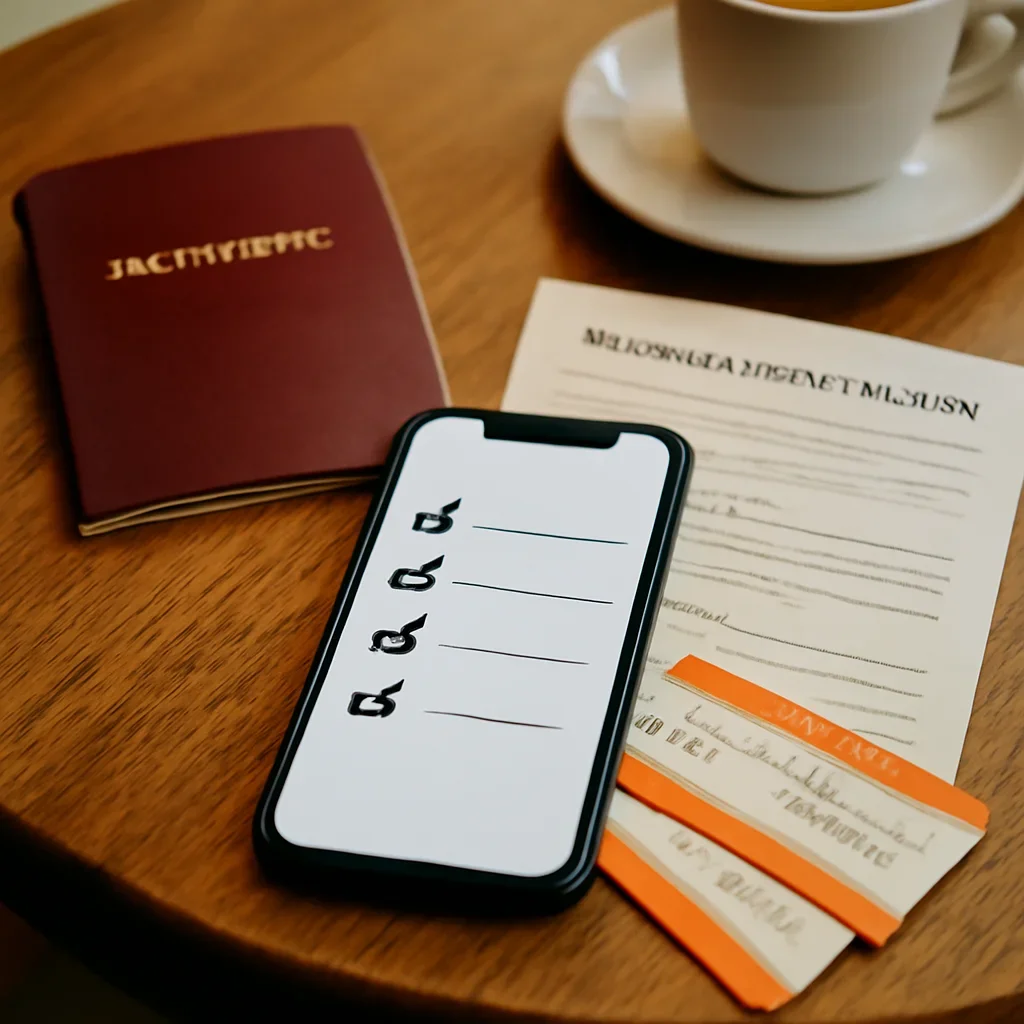 Close view of travel documents, phone checklist and train tickets on a café table