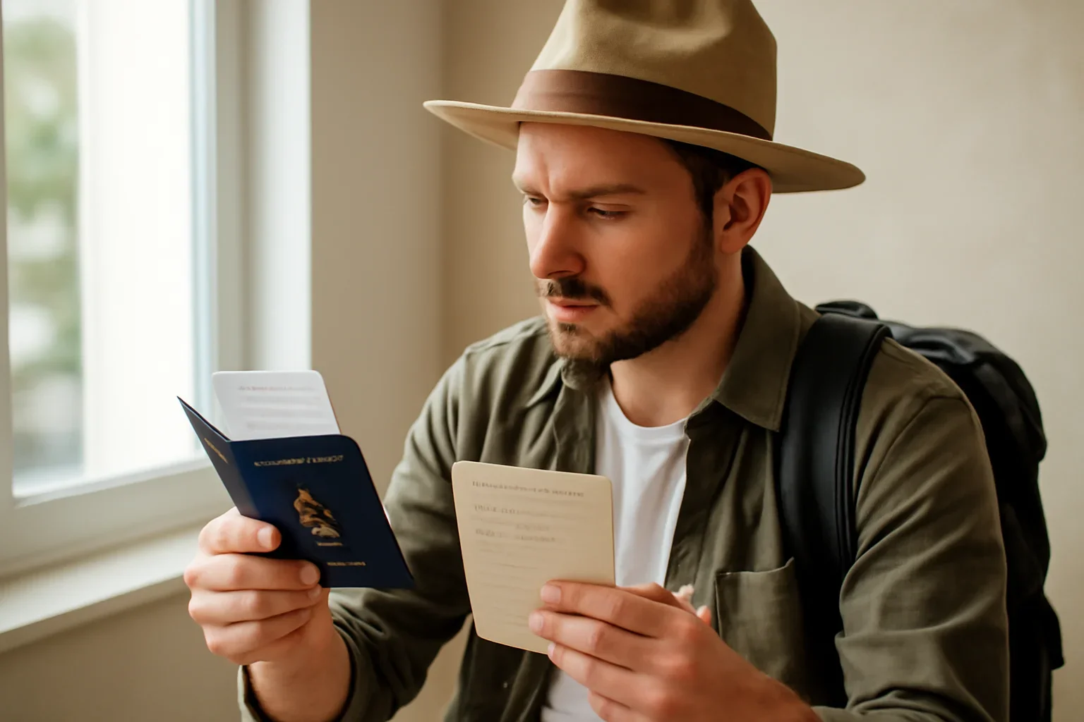 Canadian traveller reviewing passport, boarding pass and Europe itinerary notes
