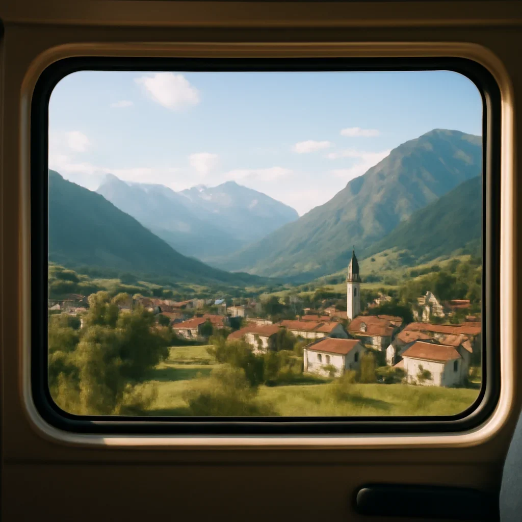 Window view from a European train passing mountains and small towns