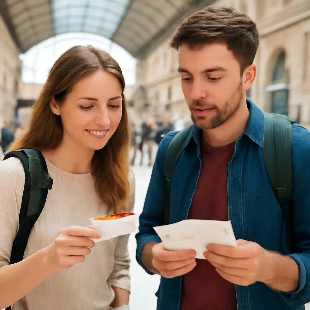 Travellers comparing rail tickets and route notes inside a bright station hall