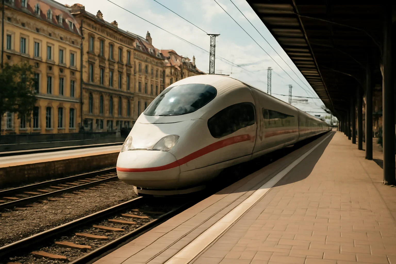High-speed train arriving beside a platform in a European city