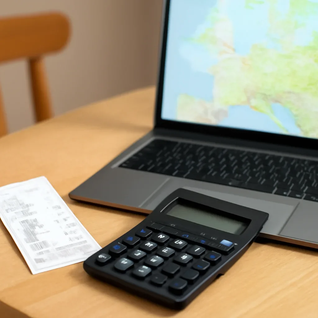 Small apartment table with calculator, grocery receipt and laptop during Europe planning