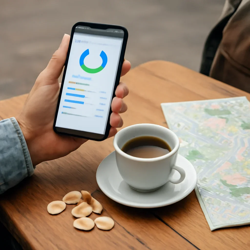 Traveller using a phone budget tracker beside coffee, coins and a city map