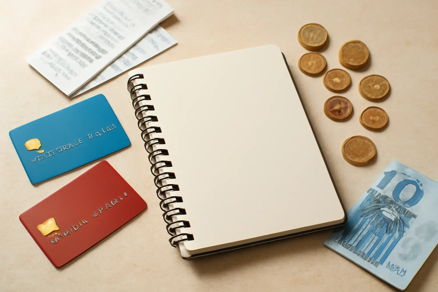 Notebook, bank cards, receipts and euro coins arranged for trip planning