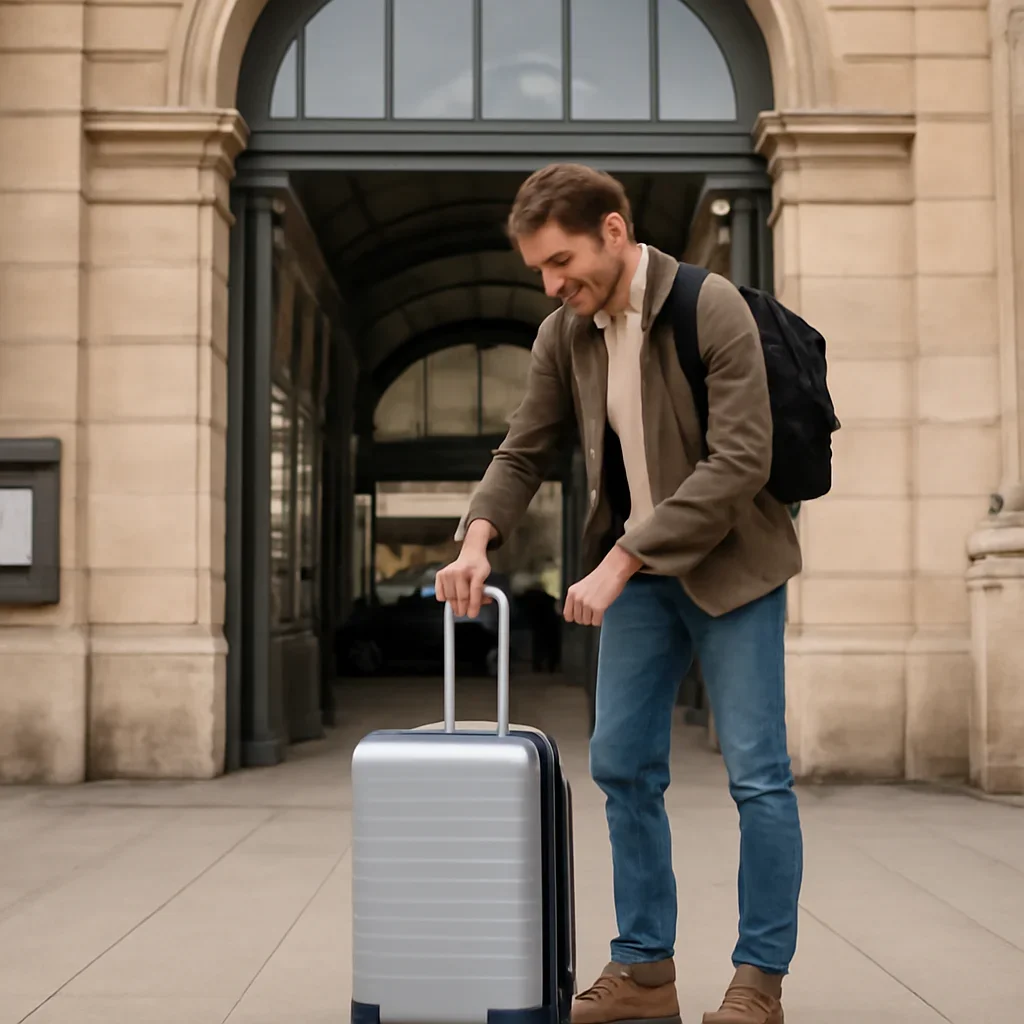 Traveller adjusting a light suitcase beside a train station entrance