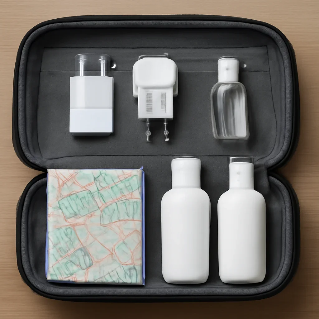 Neatly packed carry-on with adapters, toiletries and a folded city map