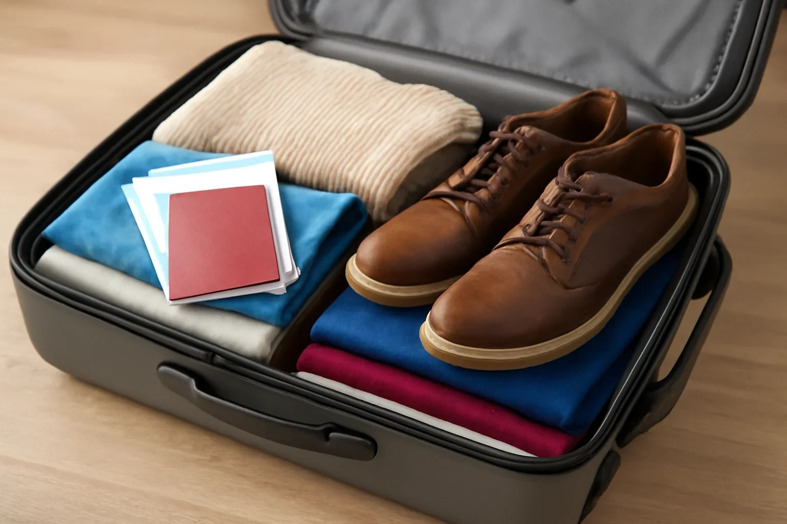 Open suitcase with layered clothing, walking shoes and travel documents for Europe