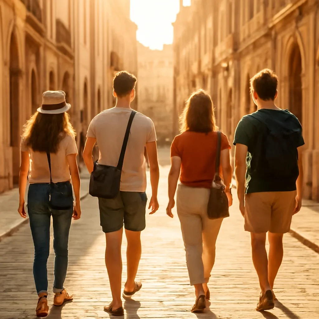 Travellers walking through a sunlit European street with small bags