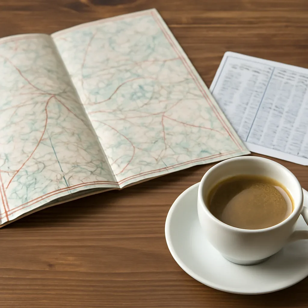 Open map, train timetable and coffee on a wooden table before a trip