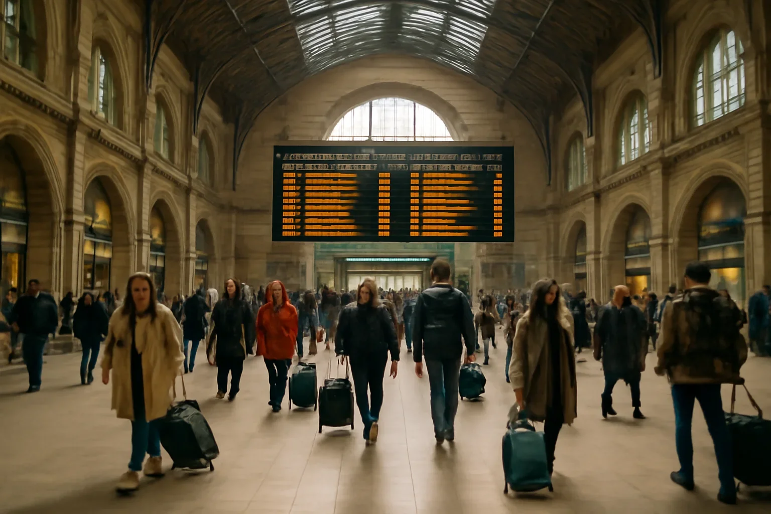 European station hall with travellers, luggage and departure board light
