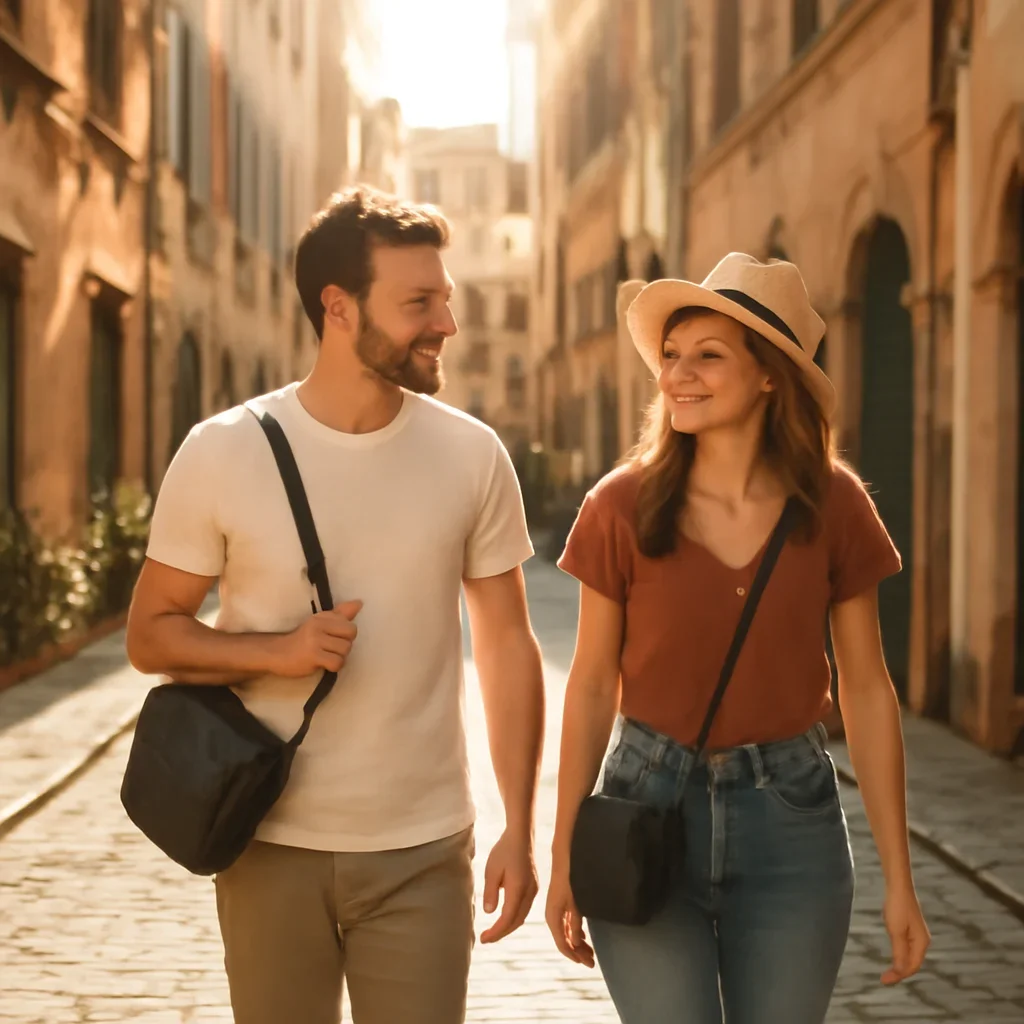 Travellers walking through a sunlit European street with small bags