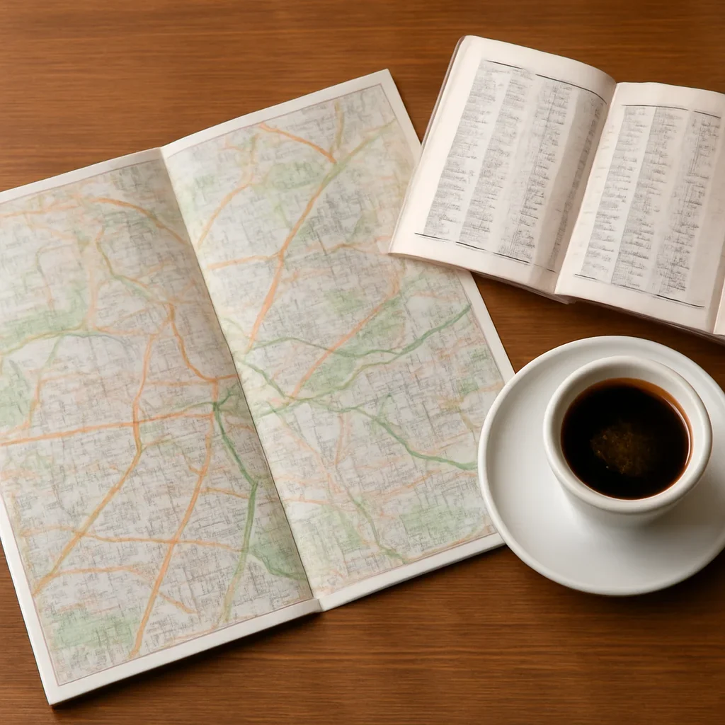 Open map, train timetable and coffee on a wooden table before a trip