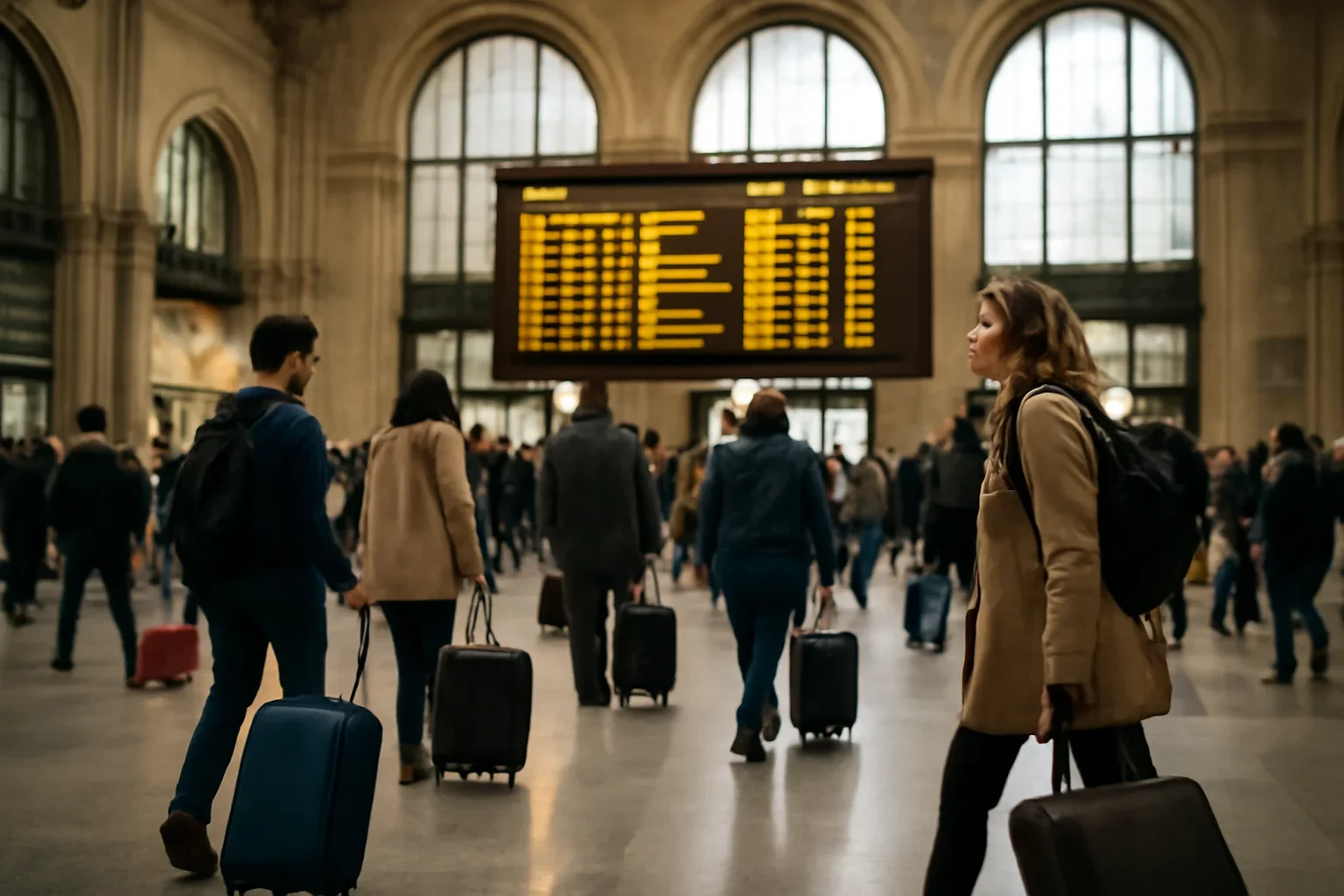 European station hall with travellers, luggage and departure board light