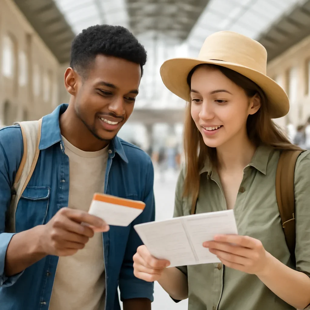 Travellers comparing rail tickets and route notes inside a bright station hall