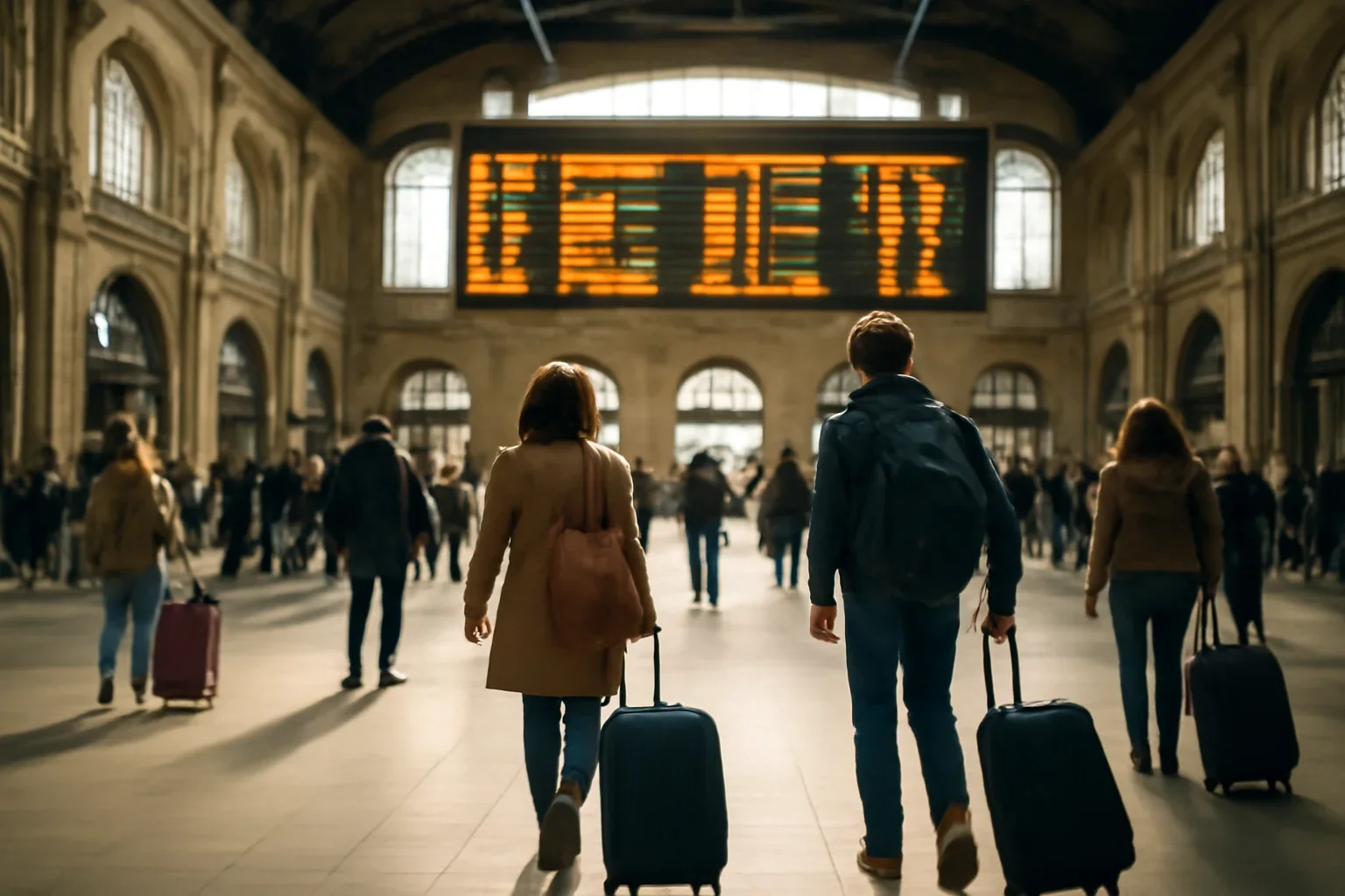 European station hall with travellers, luggage and departure board light