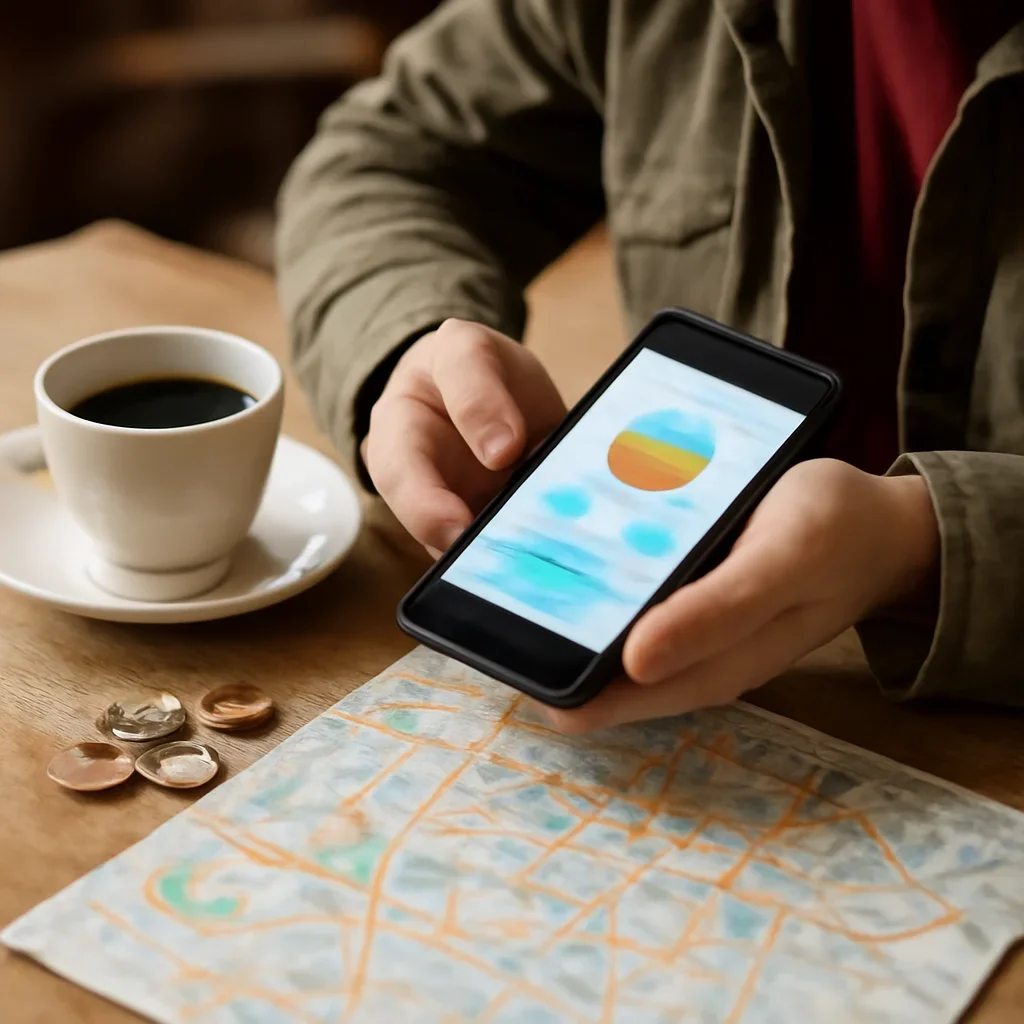 Traveller using a phone budget tracker beside coffee, coins and a city map