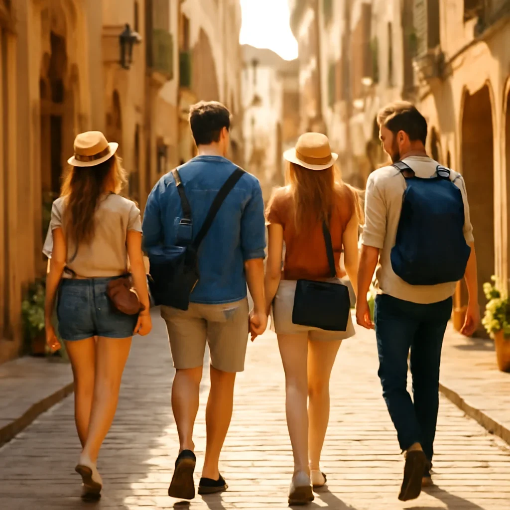 Travellers walking through a sunlit European street with small bags