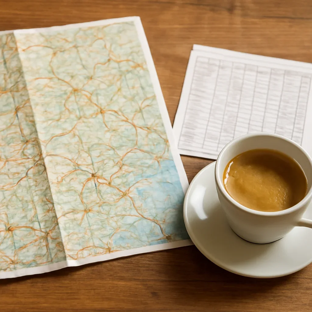 Open map, train timetable and coffee on a wooden table before a trip