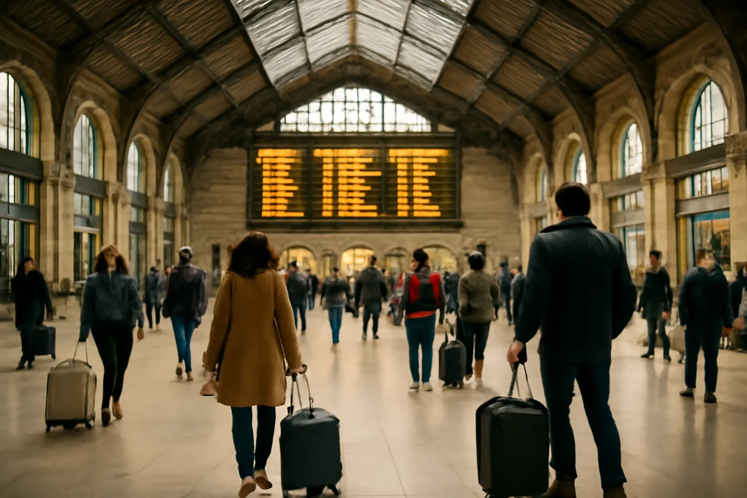 European station hall with travellers, luggage and departure board light
